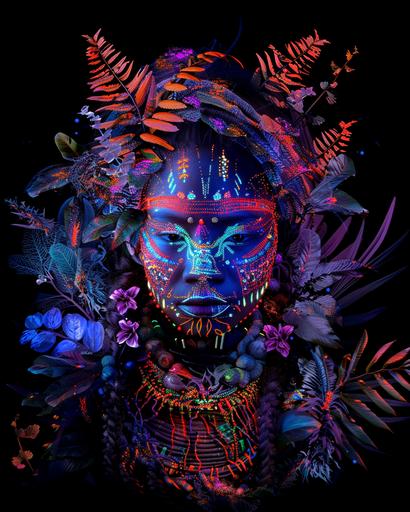 tribal lady covered in colourful vibrant UV clothing that glows, UV paint markings on her face. Black background, the woman is surrounded by UV glowing plants in different colours. very colourful scene, woman barely visible. everything glows. hyperrealistic in 8k --ar 4:5 --v 6.0