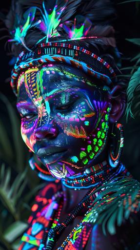 tribal lady covered in colourful vibrant UV clothing that glows, UV paint markings on her face. Black background, the woman is surrounded by UV glowing plants in different colours. very colourful scene, woman barely visible. zoomed out, shot from a distance. everything glows. hyperrealistic in 8k --ar 9:16 --v 6.0