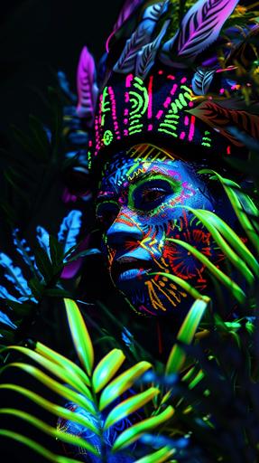 tribal lady covered in colourful vibrant UV clothing that glows, UV paint markings on her face. Black background, the woman is surrounded by UV glowing plants in different colours. very colourful scene, woman barely visible. zoomed out, shot from a distance. everything glows. hyperrealistic in 8k --ar 9:16 --v 6.0