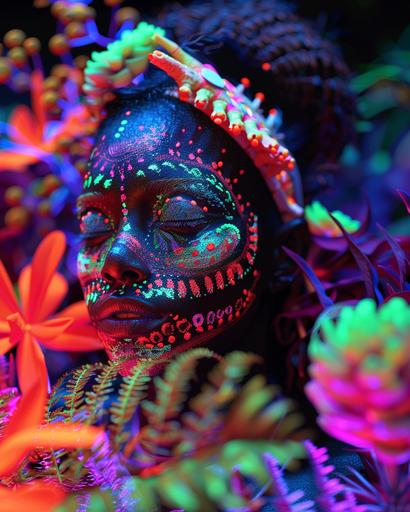 tribal lady covered in colourful vibrant UV clothing that glows, UV paint markings on her face. Black background, the woman is surrounded by UV glowing plants in different colours. very colourful scene, woman barely visible. zoomed out, shot from a distance. everything glows. hyperrealistic in 8k --ar 4:5 --v 6.0