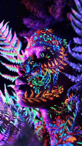 tribal lady covered in colourful vibrant UV clothing that glows, UV paint markings on her face. Black background, the woman is surrounded by UV glowing plants in different colours. very colourful scene, woman barely visible. zoomed out, shot from a distance. everything glows. hyperrealistic in 8k --ar 9:16 --v 6.0