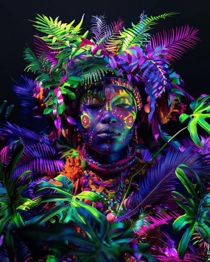 tribal lady covered in colourful vibrant UV clothing that glows, UV paint markings on her face. Black background, the woman is surrounded by UV glowing plants in different colours. very colourful scene, woman barely visible. zoomed out, shot from a distance. everything glows. hyperrealistic in 8k --ar 4:5 --v 6.0