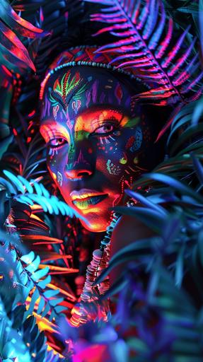 tribal lady covered in colourful vibrant UV clothing that glows, UV paint markings on her face. Black background, the woman is surrounded by UV glowing plants in different colours. very colourful scene, woman barely visible. zoomed out, shot from a distance. everything glows. hyperrealistic in 8k --ar 9:16 --v 6.0