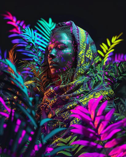 tribal lady covered in colourful vibrant UV clothing that glows, UV paint markings on her face. Black background, the woman is surrounded by UV glowing plants in different colours. very colourful scene, woman barely visible. everything glows. hyperrealistic in 8k --ar 4:5 --v 6.0