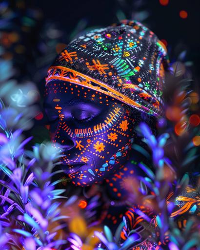 tribal lady covered in colourful vibrant UV clothing that glows, UV paint markings on her face. Black background, the woman is surrounded by UV glowing plants in different colours. very colourful scene, woman barely visible. zoomed out, shot from a distance. everything glows. hyperrealistic in 8k --ar 4:5 --v 6.0