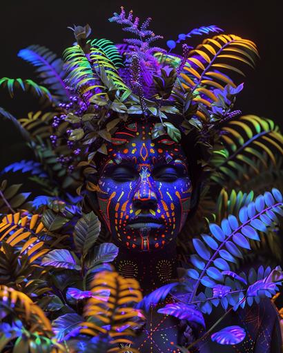 tribal lady covered in colourful vibrant UV clothing that glows, UV paint markings on her face. Black background, the woman is surrounded by UV glowing plants in different colours. very colourful scene, woman barely visible. zoomed out, shot from a distance. everything glows. hyperrealistic in 8k --ar 4:5 --v 6.0