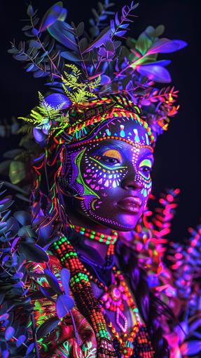 tribal lady covered in colourful vibrant UV clothing that glows, UV paint markings on her face. Black background, the woman is surrounded by UV glowing plants in different colours. very colourful scene, woman barely visible. zoomed out, shot from a distance. everything glows. hyperrealistic in 8k --ar 9:16 --v 6.0