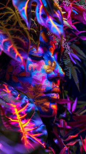 tribal lady covered in colourful vibrant UV clothing that glows, UV paint markings on her face. Black background, the woman is surrounded by UV glowing plants in different colours. very colourful scene, woman barely visible. zoomed out, shot from a distance. everything glows. hyperrealistic in 8k --ar 9:16 --v 6.0