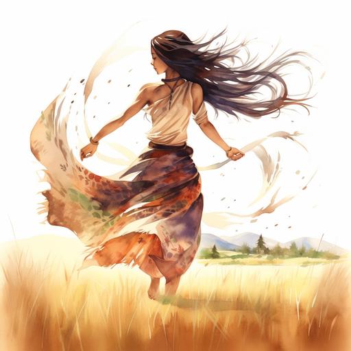 tribal pregnant girl dancing barefooted on the meadow long hair wind in hair hand illustration watercolor