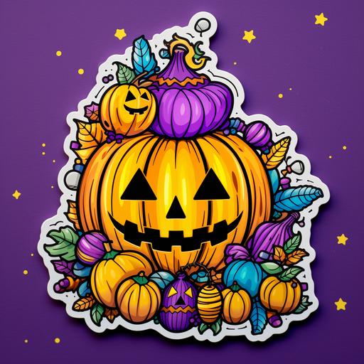 trick or treat sticker, purples and yellows
