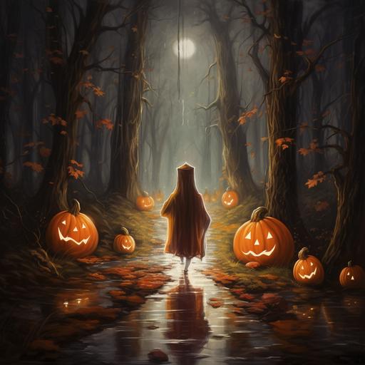 trick or treating with pumpkins lighting the path