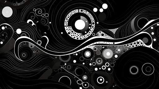 trippy 2D black and white ancent pattern of circles and swirls and lines and dots, abstract --ar 16:9