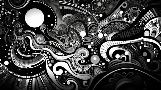 trippy 2D black and white ancent pattern of circles and swirls and lines and dots, abstract --ar 16:9