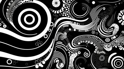 trippy 2D black and white ancent pattern of circles and swirls and lines and dots, abstract --ar 16:9