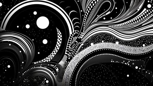 trippy 2D black and white ancent pattern of circles and swirl lines and dots, abstract --ar 16:9