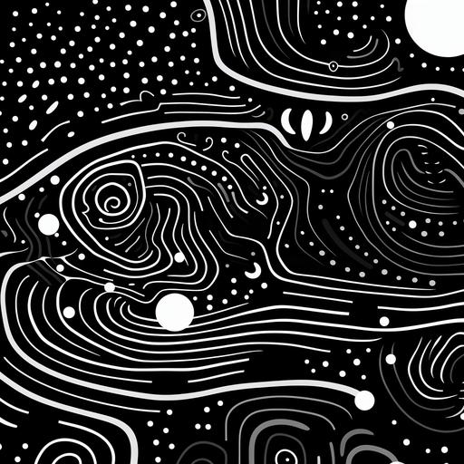 trippy 2D black and white ancent pattern of circles and swirls and lines and dots, abstract