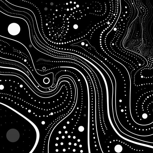 trippy 2D black and white ancent pattern of circles and swirls and lines and dots, abstract