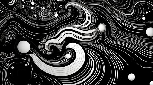 trippy 2D black and white ancent pattern of circles and swirl lines and dots, abstract --ar 16:9