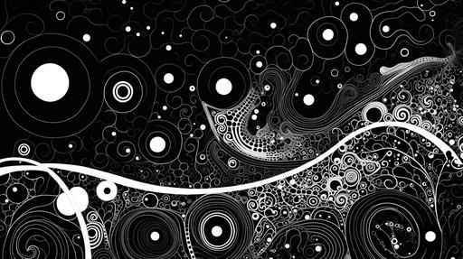 trippy 2D black and white ancent pattern of circles and swirl lines and dots, abstract --ar 16:9