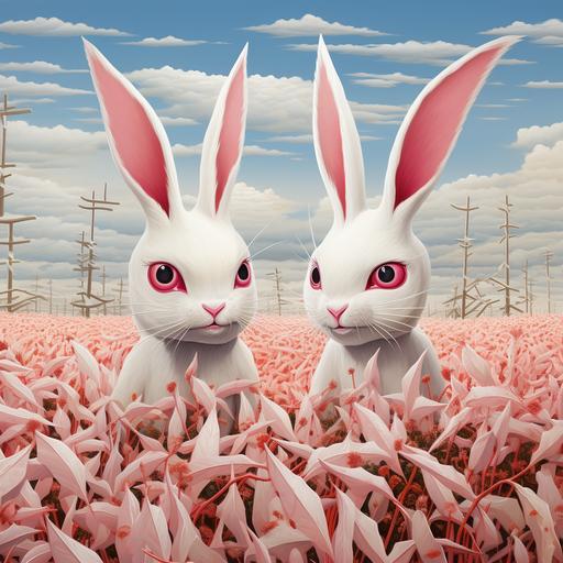 trippy funny white rabbits with red eyes in a field illustration 10:16