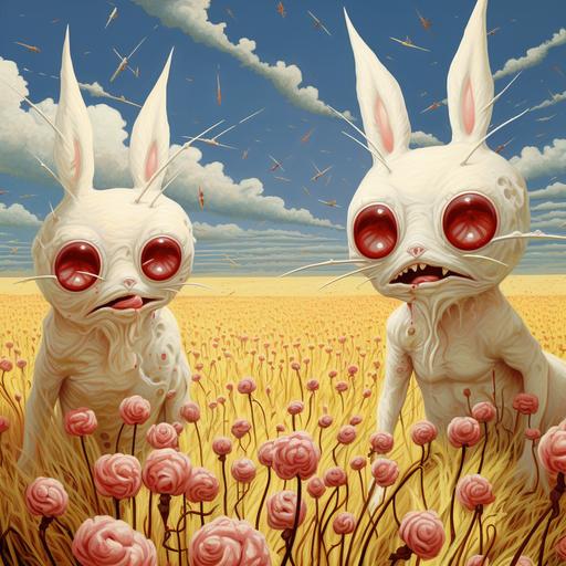 trippy funny white rabbits with red eyes in a field illustration 10:16
