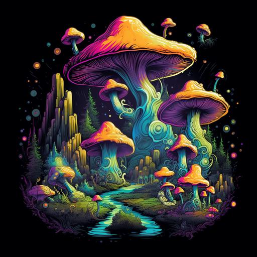 trippy mushrooms Psychedelic camping , t-shirt design, high quality 8k, smooth lines, highly detailed