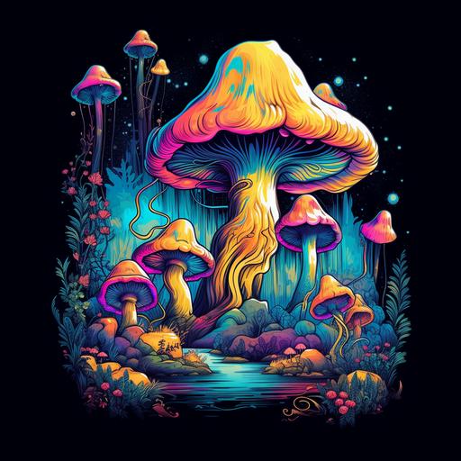 trippy mushrooms Psychedelic camping , t-shirt design, high quality 8k, smooth lines, highly detailed