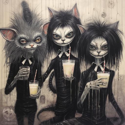 triptych, beetlejuice cats wearing wigs, fancy, goth, strange, hairy, iconic, beutiful yet creepy, mouths dripping black paint, eyes leaking milk, art by David Normal and Gus FInk--ar 2:1 --q 2 --upbeta