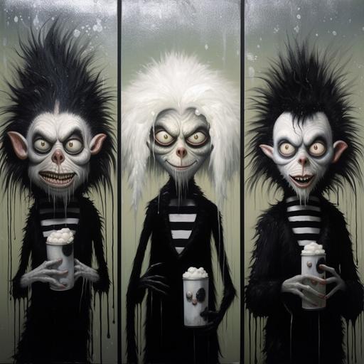 triptych, beetlejuice cats wearing wigs, fancy, goth, strange, hairy, iconic, beutiful yet creepy, mouths dripping black paint, eyes leaking milk, art by David Normal and Gus FInk--ar 2:1 --q 2 --upbeta