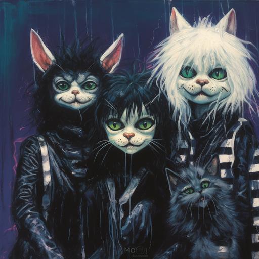 triptych, beetlejuice cats wearing wigs, fancy, goth, strange, hairy, iconic, beutiful yet creepy, mouths dripping black paint, eyes leaking milk, art by David Normal and Gus FInk--ar 2:1 --q 2 --upbeta