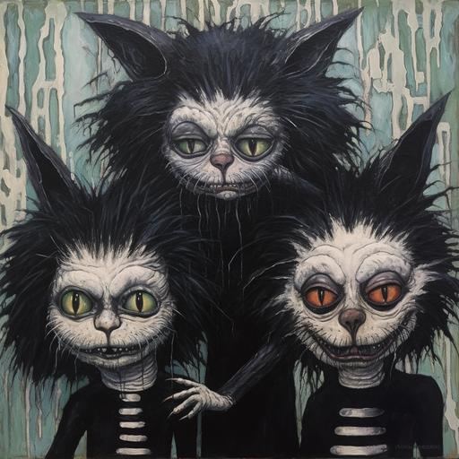 triptych, beetlejuice cats wearing wigs, fancy, goth, strange, hairy, iconic, beutiful yet creepy, mouths dripping black paint, eyes leaking milk, art by David Normal and Gus FInk--ar 2:1 --q 2 --upbeta