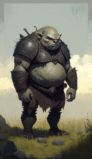 troll, fat body, power pose, big nose, short legs and big head, exaggerated proportion, bald, 2D character in a meadow scenery, leather armor, grey and rust and kakhi color palette, dark fantasy aesthetic, dramatic, pale skin,full body and legs vectorial portrait, --ar 9:16 --v 4