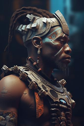 troncore mythpunk furtive::1 African Thor mesmerizing portrait 3/4 profile looking away from camera ::3 kitbash engine parts assembled with weldmetal, knurling, kerfing, machine shop cyberware::1 --ar 2:3