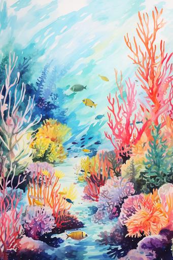 tropical atoll, prismarine marine life, vibrancy of atoll ecosystem, diagram, gouache matte illustration with loose brush strokes, impressionism, claude monet style --ar 2:3