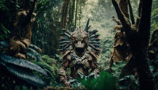 tropicalpunk Predator, camouflaged like a chamaeleon, the jungle came alive and took him, key visual, stan winston, vfx, beautiful jungle foliage, misty, hyperdetailed, cinematic --ar 16:9 --q 3 --c 50