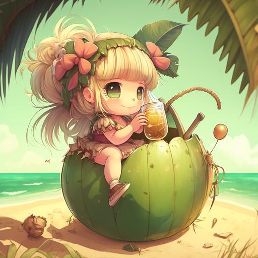 tropicalpunk fairy, cute, adorable, kawaii, drinking from a huge coconut with a straw, beach setting --v 4 --q 2