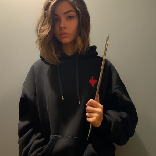 girl with sweater and spade logo