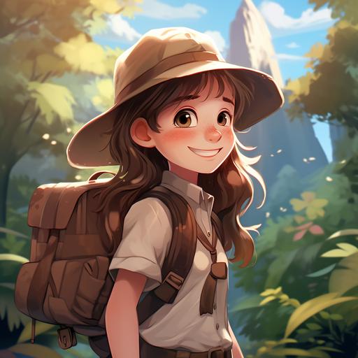 Elly Wood, a youg explorer girl is wearing a beige hat, a short-sleeved shirt, a brown backpack, genre cartoon 8k --style raw