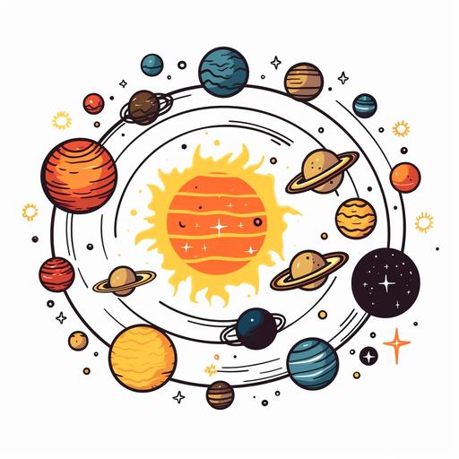 tshirt design, cartoon style of solar system, outlined, isolated on white background, --no mockup