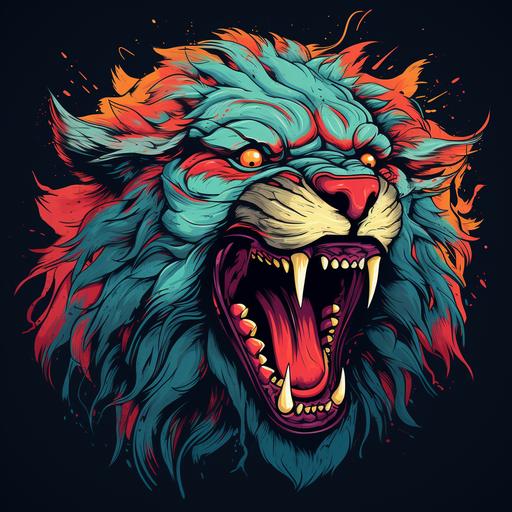 tshirt design for adults of a zombie lion head roaring, cartoon style, thick lines, full color, no background