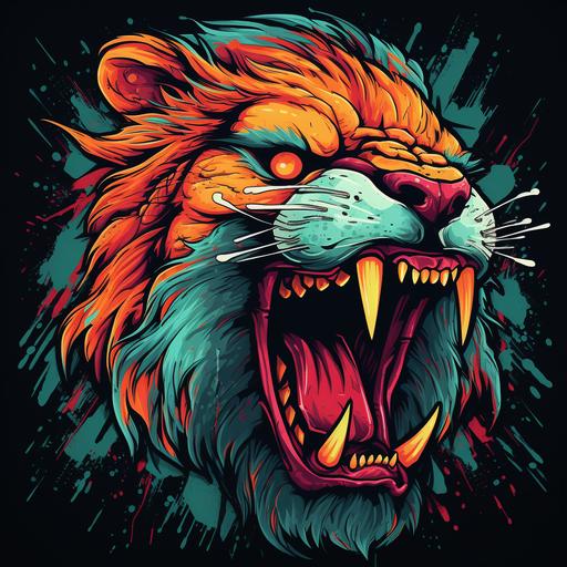 tshirt design for adults of a zombie lion head roaring, cartoon style, thick lines, full color, no background