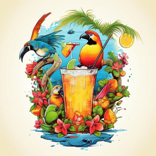tshirt design, mixed drink in front, margarita, fun , tropical, birds, animals, nautical, rope, on white background , light , in the style of jimmy buffett