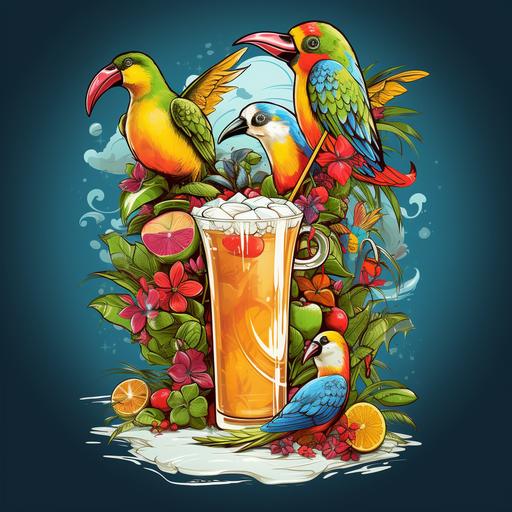 tshirt design, mixed drink in front, margarita, fun , tropical, birds, animals, nautical, rope, on white background , light , in the style of jimmy buffett