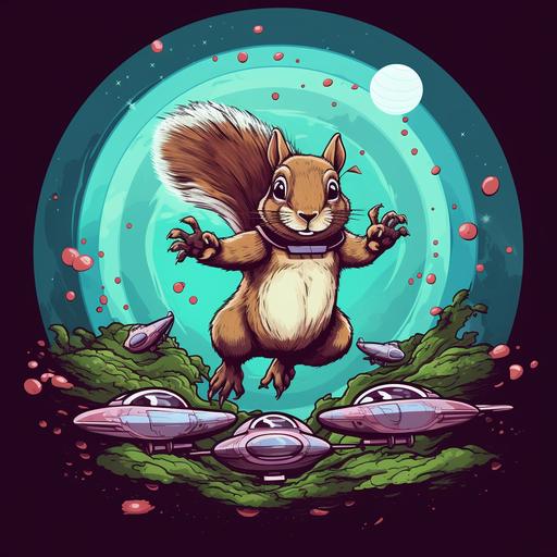 tshirt design of a squirrel piloting a ufo, cartoon style, thick lines, full color, no shading, no background