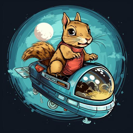 tshirt design of a squirrel piloting a ufo, cartoon style, thick lines, full color, no shading, no background