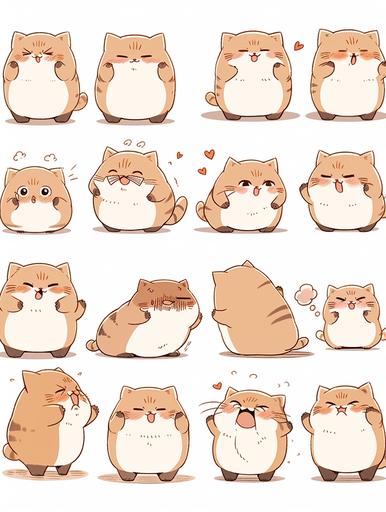 A cute little fat cat, face close-up, expression close-up, full body Piggy expressions and movements, exaggerated movements, happy, angry, sad,Surprised, happy, etc., various emotions, white background, a version, Sticker art design, ultra-high definition, 8k, nine-square layout --ar 3:4 --niji 5