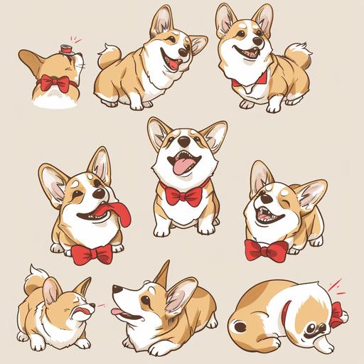 cute Corgi, red bowtie,multiple poss and expressions, the style of line drawing style, dark white, light beige, loose gestures, simple line work, lacquer painting, thick texture, style cute, emoji as illustration set, with bold manga line style, dynamic pose dark white, f/64 grouprelated characters --v 6.0