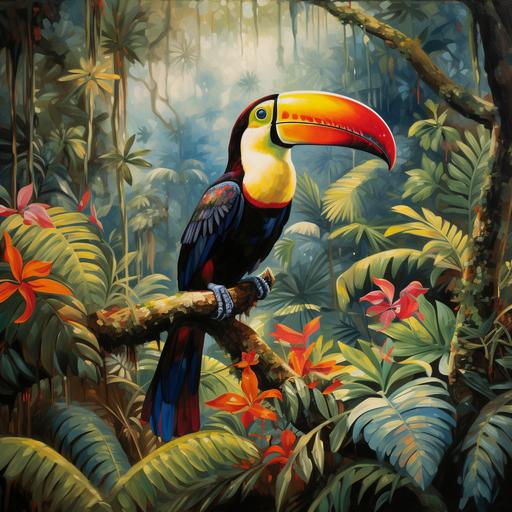 tucan bird in a lush rainforest setting