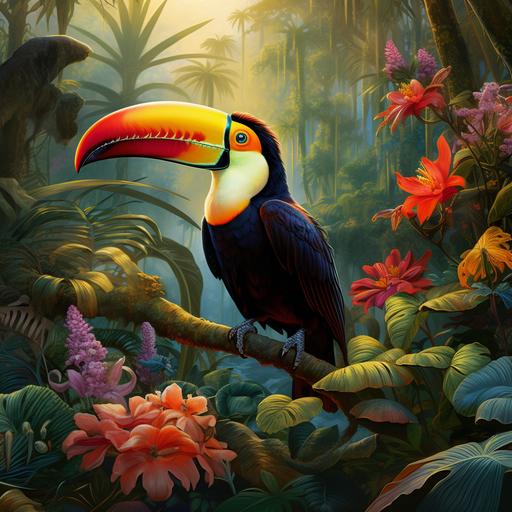 tucan bird in a lush rainforest setting