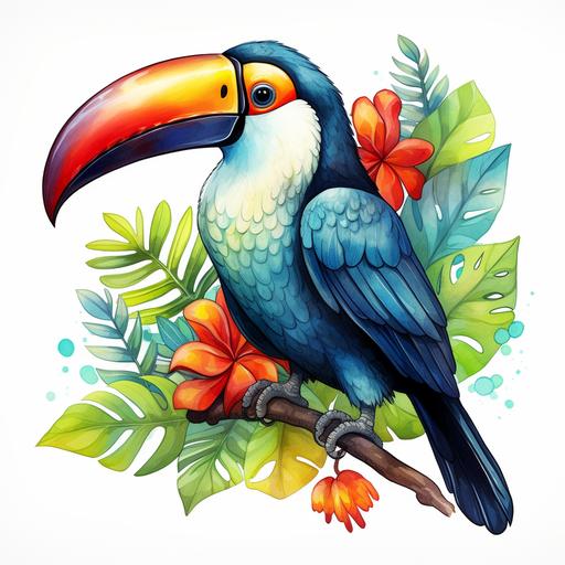 tucan illustration crayon, cute style, bright and cheerful colors, white background --s 250